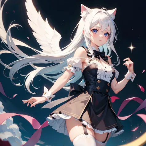 a girl, cute, white hair, a streamer cosplaying a cat girl and wearing guardian angel oufit