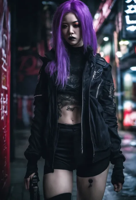 japanaese girl,pale skin,beatiful face(purple hair)red jacket,Tokyo at night, with Cyberpunk style,Japanese streetwear,Tokyo Fashion,In a Cyberpunk 2 jacket 0 7 7,Full-length,attractive pose,Bottom view