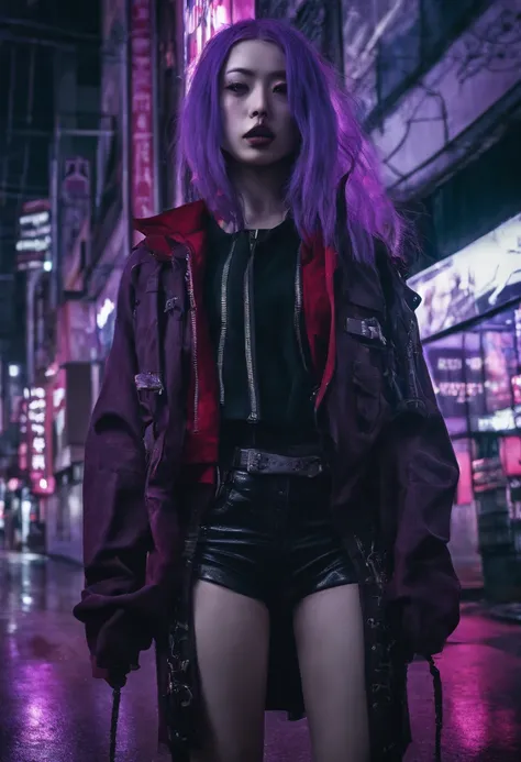 japanaese girl,pale skin,beatiful face(purple hair)red jacket,Tokyo at night, with Cyberpunk style,Japanese streetwear,Tokyo Fashion,In a Cyberpunk 2 jacket 0 7 7,Full-length,attractive pose,Bottom view