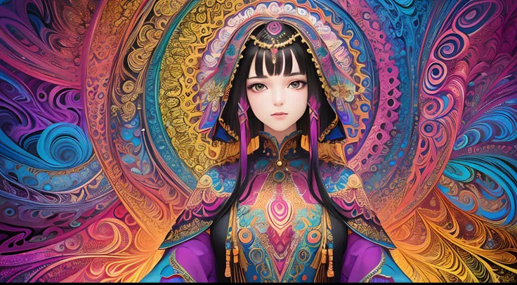 (masterpiece, top quality, best quality, official art, beautiful and aesthetic:1.2), (1girl:1.3), extremely detailed,(fractal art:1.2),colorful,highest detailed,(zentangle:1.2), (dynamic pose), (abstract background:1.5), (treditional dress:1.2), (shiny ski...