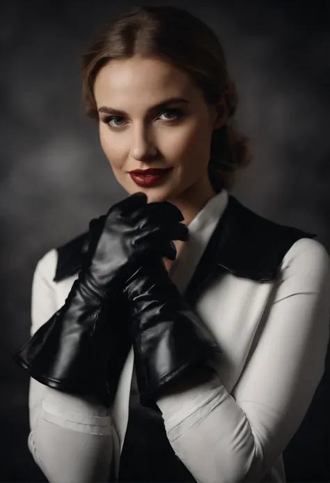 Womens hands with black leather gloves on both hands, white blouse sleeves, close-up black leather gloves hands, spread the photo