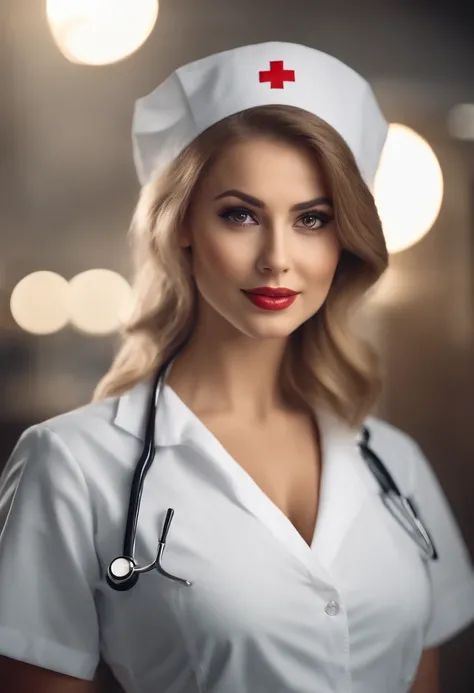 (best quality,highres:1.2),ultra-detailed,realistic,sexy nurse,beautiful detailed eyes,beautiful detailed lips,extremely detailed eyes and face,long eyelashes,professional outfit,alluring gaze,seductive smile,vibrant colors,soft lighting,medical accessorie...