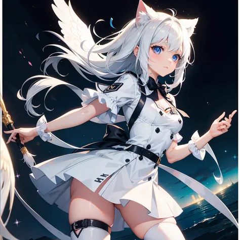 a girl, cute, white hair, a streamer cosplaying a cat girl and wearing Guardian angel oufit