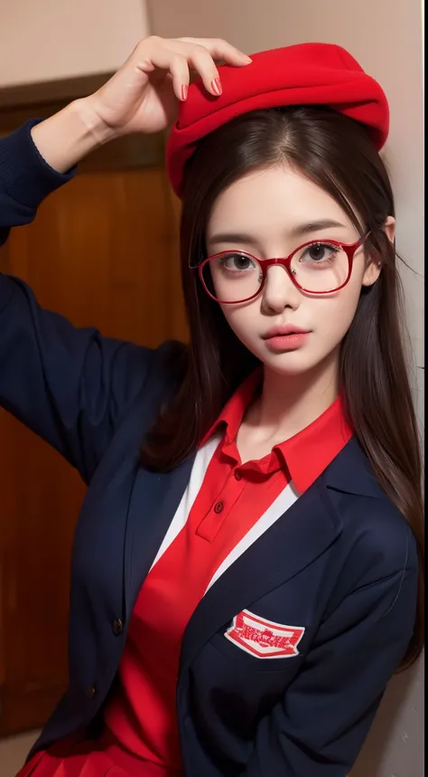 Masterpiece, Best_quality, 1girll, Solo, rubbery, school uniform, Red glasses on the head,