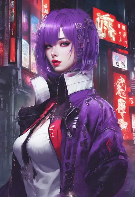 japanaese girl,pale skin,beatiful face(purple hair)red jacket,Tokyo at night, with Cyberpunk style,Japanese streetwear,Tokyo Fashion,In a Cyberpunk 2 jacket 0 7 7,Full-length,attractive pose,Bottom view