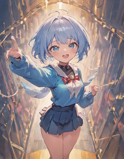 comic,perspective,from above, Girl, hand on waist, detailed eyes,chocker,white clotches,dark skirt,light blue hair, cut hair, cat ears, smile open mouth, bust, freckles