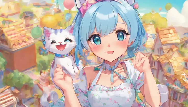 comic,perspective,from above, Girl, hand on waist, detailed eyes,chocker,white clotches,dark skirt,light blue hair, cut hair, cat ears, smile open mouth, bust, freckles