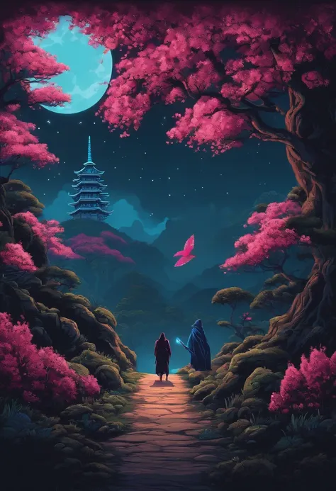 NOFACE from spirited away faceing off with giant fluro ultraviolet and pink glowing coloured strange mutantslothmonster with red and green tentacles coming out ov its face boss monster with mini cherry blossom trees and blue willow trees on it head with a ...