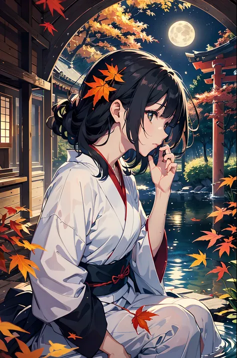 (8k, 16k, award winning, highest quality, high resolution, super detail, textured skin, anatomically correct, photorealistic, raw photo, masterpiece: 1.3), Japanese shrine maiden, white yukata, hakama, black hair, 1 Pond with only one fallen leaf on your h...