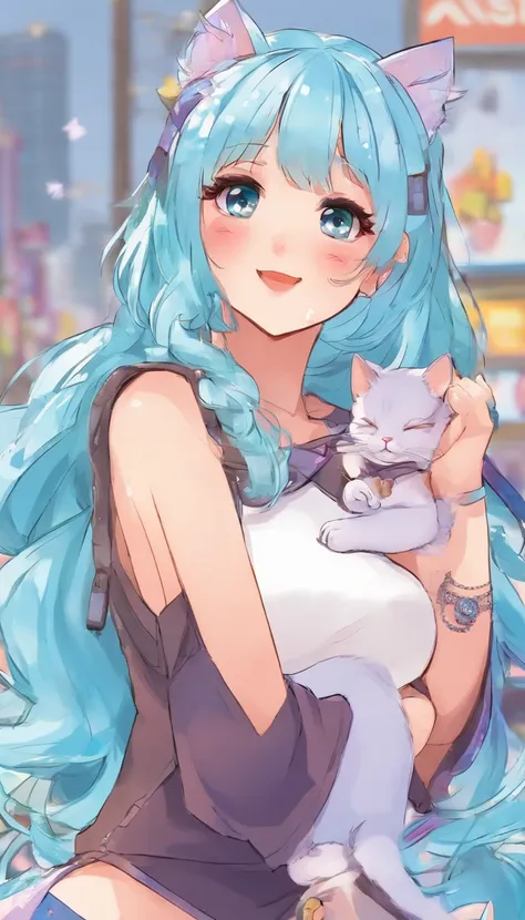 comic,perspective,from above, Girl, hand on waist, detailed eyes,chocker,white clotches,dark skirt,light blue hair, cut hair, cat ears, smile open mouth, bust, freckles