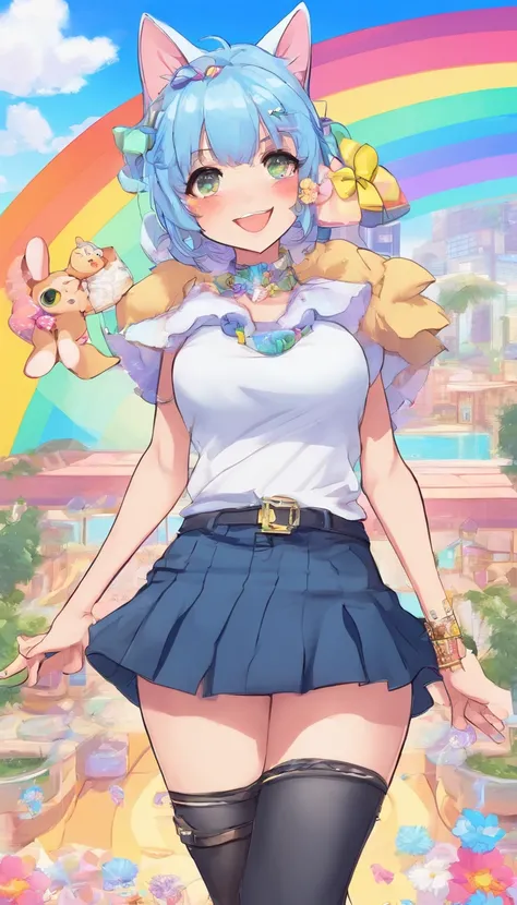 comic,perspective,from above, Girl, hand on waist, detailed eyes,chocker,white clotches,dark skirt,light blue hair, cut hair, cat ears, smile open mouth, bust, freckles