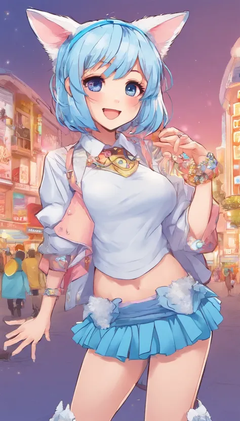 comic,perspective,from above, Girl, hand on waist, detailed eyes,chocker,white clotches,dark skirt,light blue hair, cut hair, cat ears, smile open mouth, bust, freckles