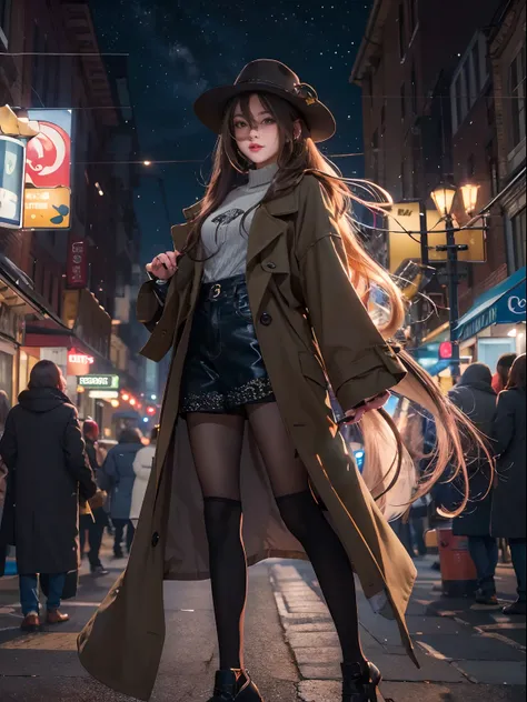 (masterpiece, ultra high res, best quality:1.1), (flat color), 1girl, solo, teen, cowboy shot, (depth of field:1.2), (night), (long coat), downtown, (the street lights： 1.1), (Fantastic lighting), looking at viewert, brunette color hair, long whitr hair, [...