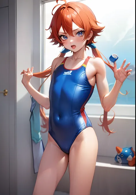 Anime boy in blue swimsuit posing in front of mirror, He has long orange-brown hair, Boy with long two-side-up hair in orange, Boy with brown long twin tail hair, Blue-eyed boy, garments:High-cut swimwear, wearing a swimming wear, Cool anime boy in blue ta...