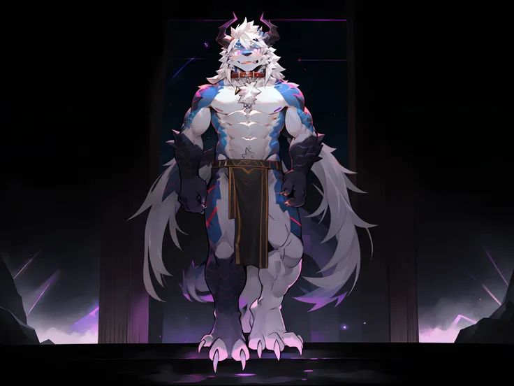 One guy，独奏，Full body like，shaggy male，hairy bodies，Correct anatomy，Detailed double eyes，glowing light eyes，Wearing a naked，Black loincloth，Muscular，long  white hair，drak，shoun（thin tall body type），male people，There are small horns on the head，black-skinned...