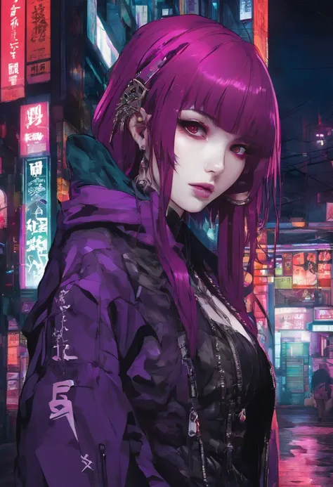 japanaese girl,pale skin,beatiful face(purple hair)red jacket,Tokyo at night, with Cyberpunk style,Japanese streetwear,Tokyo Fashion,In a Cyberpunk 2 jacket 0 7 7,Full-length,attractive pose,Bottom view