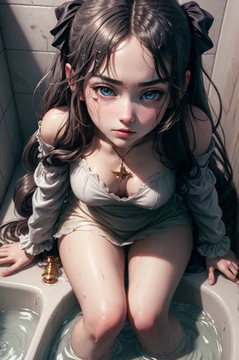 Girl in the bathroom, Girl leaning over the bathroom, The girl is all wet, The girl washes herself, water drops, Obligation, detailed digital anime art, Anime with small details, Best Quality, Masterpiece, Ultra-detailed, Beautiful, hight resolution, Origi...