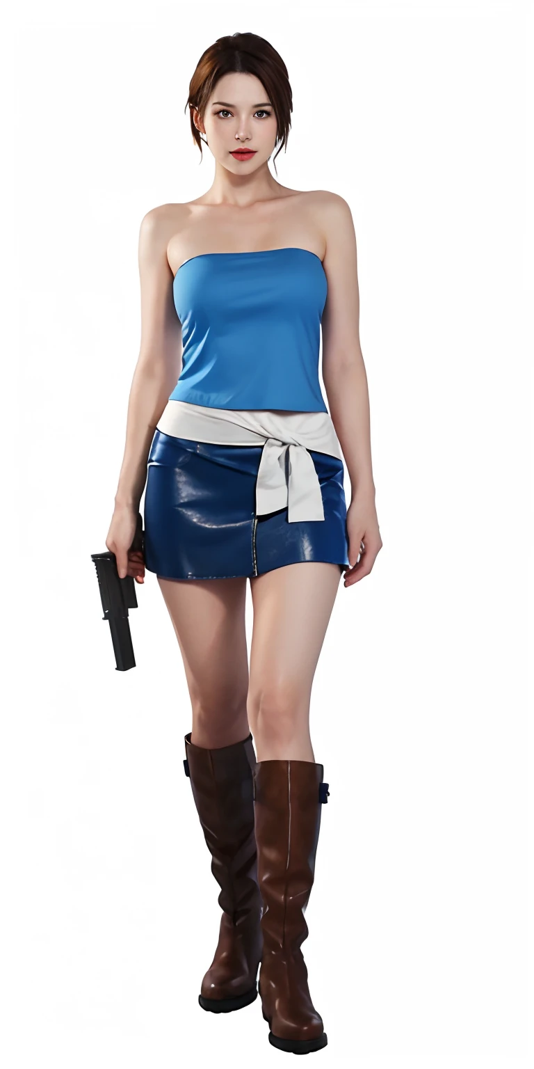 a woman in a blue topless tangtop, short skirt, boots, holding a gun, glamorous jill valentine, hyperrealistic, female full body, full body female, glowing thigh and skin