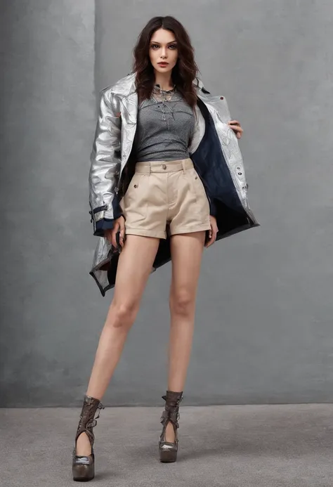 leeana davis shorts and thigh-high heels outfits for fall, in the style of photorealistic urban scenes, grunge beauty, strong facial expression, idealized native americans, gray and beige, chrome-plated, celebrity image mashups