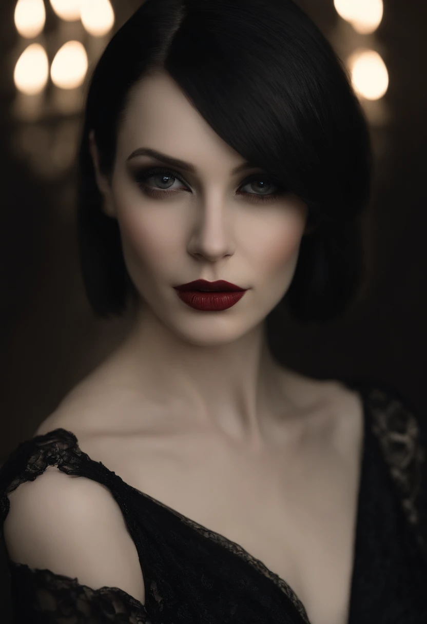 (High quality: 1.3), cinematic shot, masterpiece, (sharp focus: 1.5), (photorealistic: 1.3), medium portrait of (a beautiful young vampire woman, pale skin, gothic, still proud and fierce, straight black short bob hair, dark look, dressed in a highly detai...