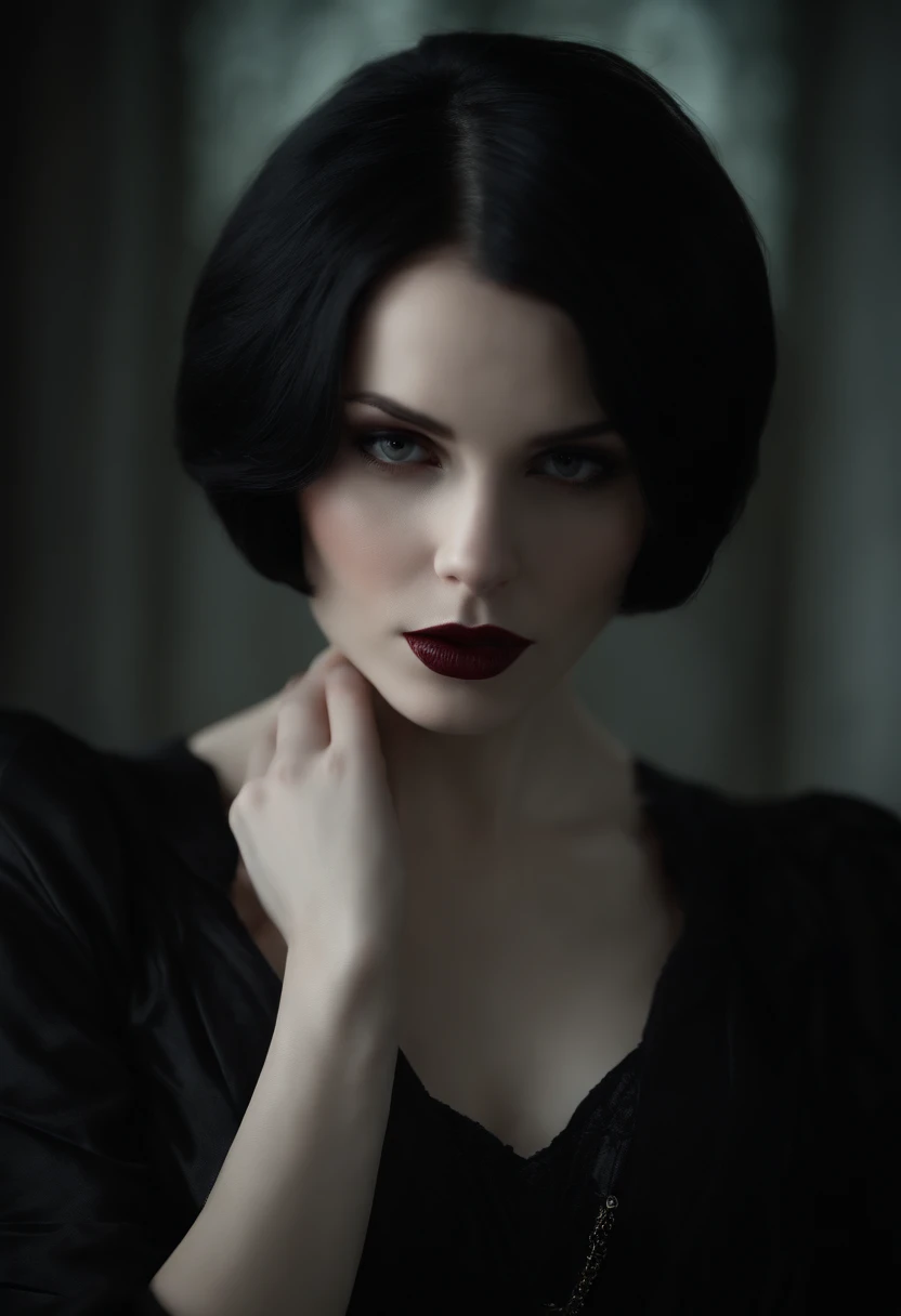 (High quality: 1.3), cinematic shot, masterpiece, (sharp focus: 1.5), (photorealistic: 1.3), medium portrait of (a beautiful young vampire woman, pale skin, gothic, still proud and fierce, straight black short bob hair, dark look, dressed in a highly detai...