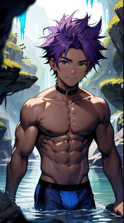 (masterpiece, best quality), 1 juvenile，Young boy，Keep your eyes wide open，largeeyes，a baby face，Juvenile faces，Kids face，nakeness，ssmile，Huge amethyst，Amethyst Cave，Caves in the water，Flat chin，Clear briefs，bare pectorals，Short purple hair with a very lig...