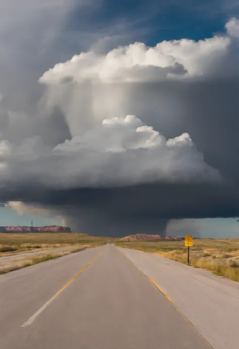 Down Rt. 66 Before the Great Storm, Nostalgic, Annual lighting display, cumulonimbus clouds, voluminetric lighting, Big sky