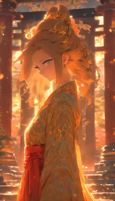 A beautiful and determined woman standing in front of an abandoned temple, wearing gorgeous clothes, with a resolute light in her eyes, ,32k, best quality, masterpiece, super detail, high details by Jidaimono Anime Style