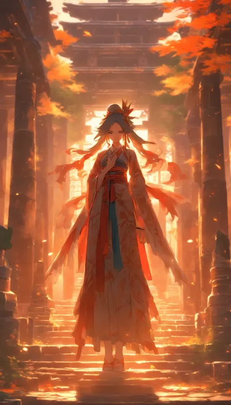 A beautiful and determined woman standing in front of an abandoned temple, wearing gorgeous clothes, with a resolute light in her eyes, ,32k, best quality, masterpiece, super detail, high details by Jidaimono Anime Style