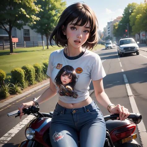 A girl riding on the road has a surprised look on her face，lovely digital painting，guido，driving car，Realistic cute girl drawing，Guviz-style artwork，Loche van Barr，Lovely detailed digital art，Realistic cartoons，Drive fast，pixar and ilya kuvshinov，fujita go...