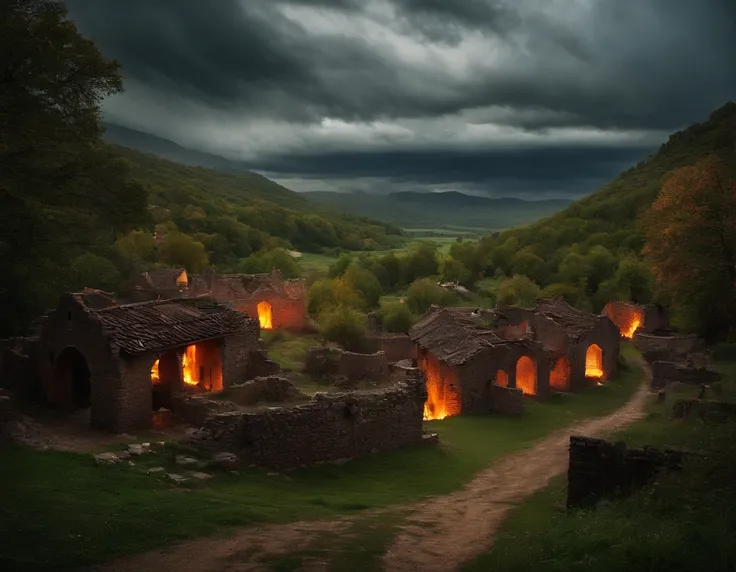 village, ruins, fire, storm, wide view, only five houses.