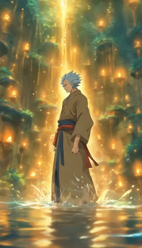 An elderly man stands in front of the water dungeon, hesitates for a moment, decides to do his best, nods, and walks out of the water dungeon, ,32k, best quality, masterpiece, super detail, high details by Jidaimono Anime Style