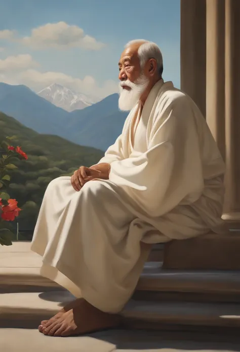 "Ultra-realistic oil painting of Japan old man wearing white toga, Sitting quietly on antique white marble balcony. in background, Mountainous landscape under clear blue sky、Has a calm look, Put the open magazine on your lap、The afternoon sun concentrates ...