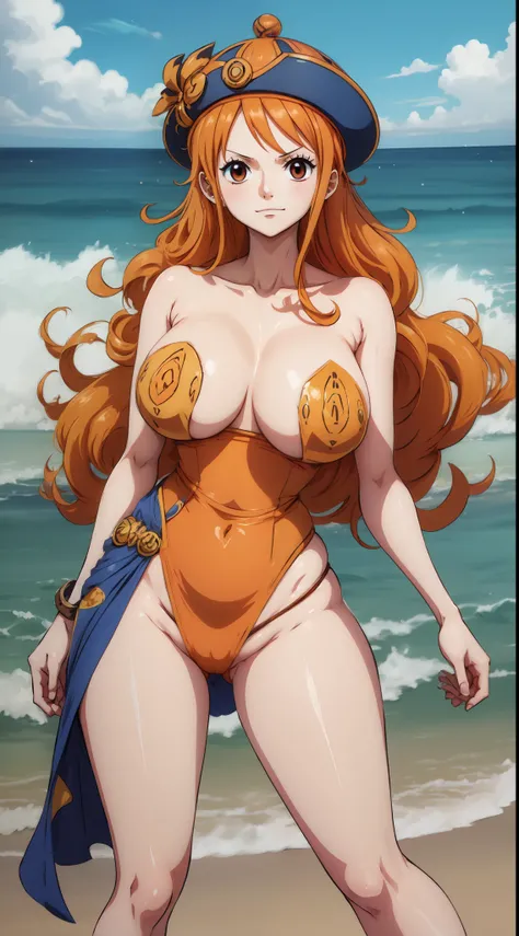 (ANIME ART STYLE) nami (ONE PIECE), with orange long hair, brown eyes, blushing expression, dynamic pose, standing on the beach, NSFW,breast curtains,jiangshi, qing_guanmao, sunrise