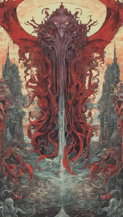 From the depths he emerges,
The Cthulhus Parade in crimson hues.
Whispers of the otherworldly echo,
A festival where madness and beauty fuse.

In the night sky adorned with abyssal splendor,
Feathers stained with blood dance and soar.
Entwined by threads o...