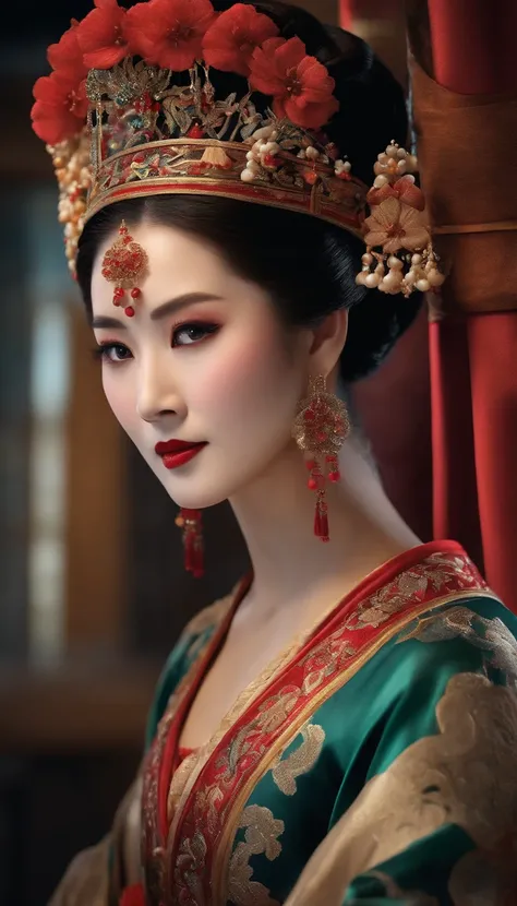 (High-res, 4K, Masterpiece:1.2),Ultra-detailed,(Realistic,photo-realistic:1.37),Traditional Chinese opera,Lady,Close-up shot,Exquisite makeup,vibrant clothing,captivating expression,Colorful headdress,Detailed Embroidery,exquisitefacialfeatures,beautiful e...