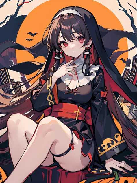 masutepiece, Fine detail, 4K, 8K, 12K, Solo, 1 person, Beautiful Girl, caucasian female, reimu hakurei, Black hair, Long hair, Halloween, 🎃、Black Dress、Sisters clothes、nun clothes