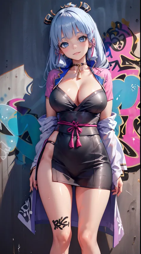 kamisato ayaka|genshin impact, master-piece, bestquality, 1girls, oversized breasts, bara, Wearing a kimono, Miko Dresses, choker, (Graffiti:1.5), Splash with purple lightning pattern., arm behind back, against wall, View viewers from the front., Thigh str...