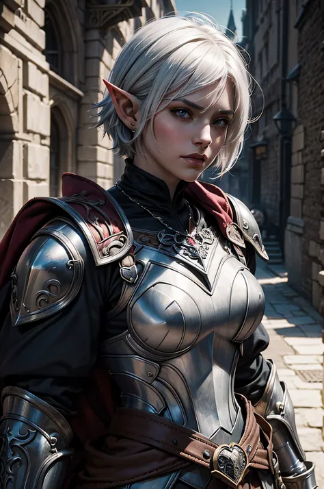 dnd character portrait, half-elf woman, muscular warrior woman, town guard, half-drow woman, white hair, ((dark)) grey skin, red armour, short hair, cropped hair, crew cut, medieval fantasy city background