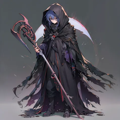 anime artstyle, holding a scythe, wearing a stylish dark cloak, wrapped in bandages,full body,white background, wallpaper, hd qu...