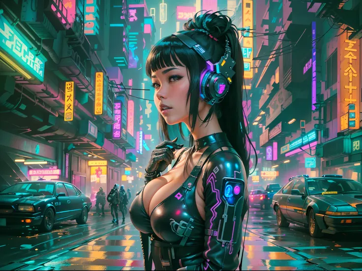 (beautiful Asian identical twin cyberpunk girls in middle of composition:1.3), (((ultra detailed neon cyberpunk futuristic city ))),black long shapeless hair, detailed and intricate (((cyberpunk city streets background))), featuring high-tech holographic p...