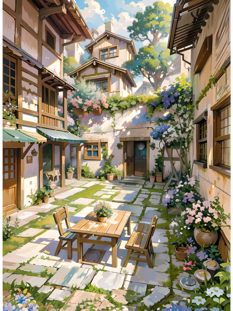 painting of a courtyard with a table and chairs and a bench, anime background art, relaxing concept art, anime scenery concept art, immensely detailed scene, a beautiful artwork illustration, detailed scenery —width 672, studio ghibli environment, highly d...