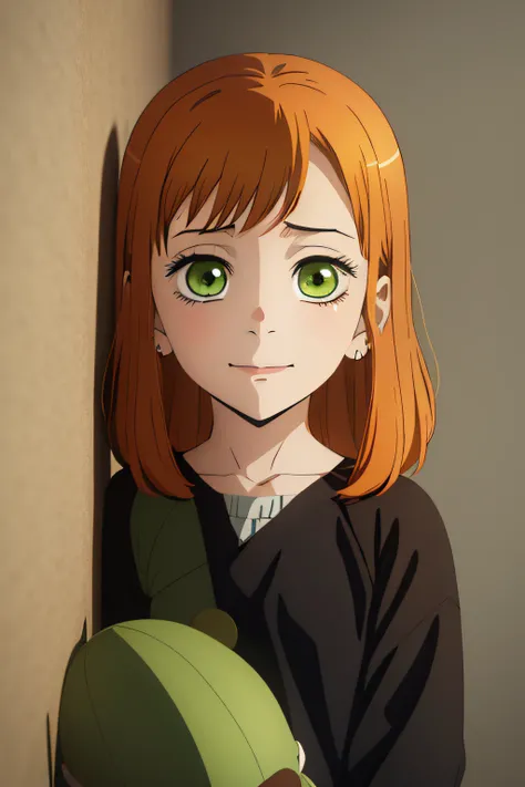 little girl, kid, anime, concerned,sad ,bitter, somber, with short dark orange hair, green eyes, young age, character sheet, different poses, big smile, smiling, shoulder-length hair,with his ear against the wall, different poses