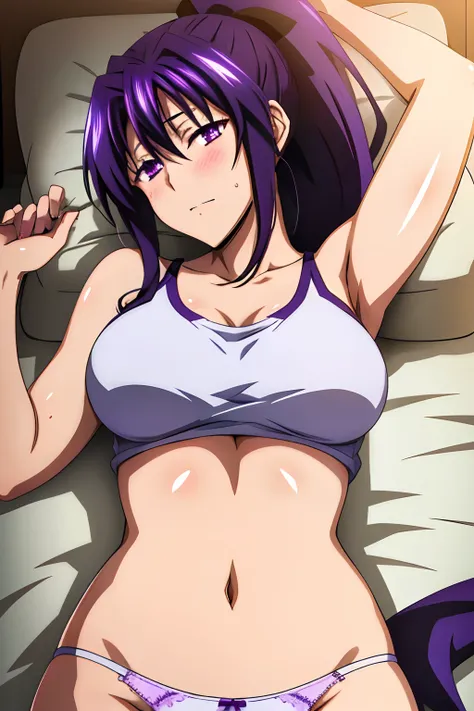 masterpiece, best quality, high quality, 1girl, solo, akeno himejima, purple hair and ponytail, purple eyes, tank top, underwear...