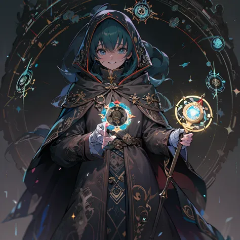 Anime artstyle, holding a staff, grinning, surrounded by magic circles, wearing a stylish dark cloak, wrapped in bandages,full body,white background, wallpaper, HD quality, extremely detailed, highest quality digital art