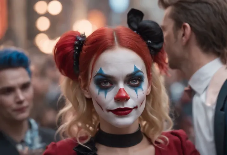 Portrait of Margot Robbie as a clown at a crowded party, Wearing a closed black and red clown suit, Harley Quinn Style, Her face is illuminated by neon lights, Looks like a Harley Quinn, purpleish color, He stands, Model shooting style (the Extremely Detai...