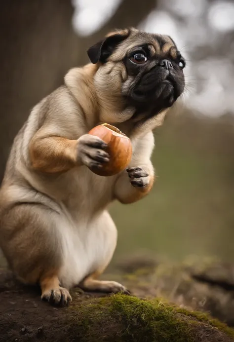 squirrel pug hybrid, holding a nut, macro