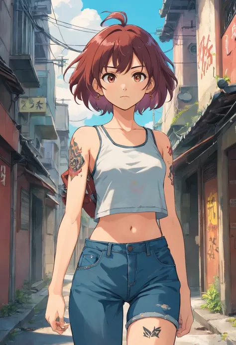 Anime illustration of a young supermodel with a toned physique, In a spicy punk crop top, Low Rise Pants, Messy Short Hair, Demonstration of various intricate tattoos, confidently standing in the middle of an abandoned street in Chiba. . Anime style, Key V...