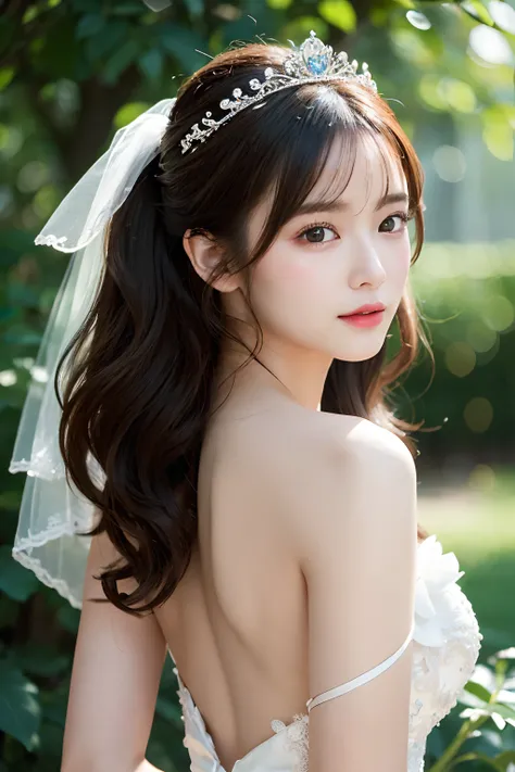 (extremely delicate and beautiful work)、(​masterpiece)、Very detailed princess wedding dresses、Bridal tiara、Bridal Veil、poneyTail、A charming expression、Beautiful and clear eyes、Simple blurry background、Mare、Ultra-fine painting、delicated face、Delicate figure...