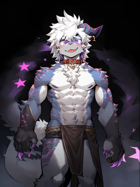 One guy，独奏，Full body like，shaggy male，hairy bodies，Correct anatomy，Detailed double eyes，glowing light eyes，Wearing a naked，Black loincloth，Muscular，long  white hair，drak，shoun（thin tall body type），male people，There are small horns on the head，black-skinned...